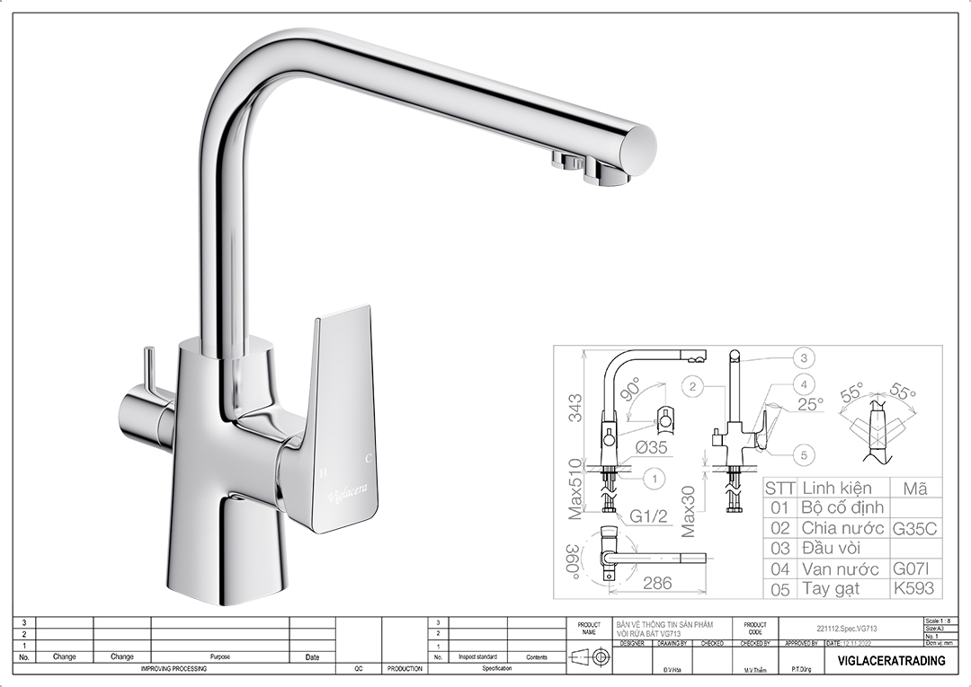 Thông số vòi rửa chén nóng lạnh Viglacera VG713 Bản vẽ thông số kỹ thuật vòi chậu rửa chén bát nóng lạnh Viglacera VG713, loại vòi rửa gắn trên mặt chậu rửa chén bát