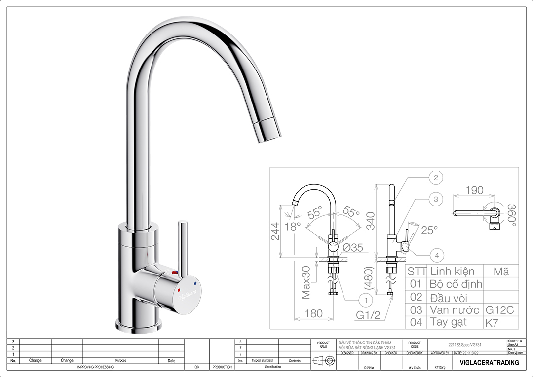 Thông số vòi rửa chén nóng lạnh Viglacera VG731 Bản vẽ thông số kỹ thuật vòi chậu rửa chén bát nóng lạnh Viglacera VG731, loại vòi rửa gắn trên mặt chậu rửa chén bát