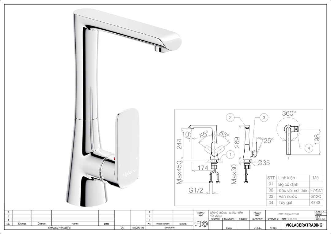 Thông số vòi rửa chén nóng lạnh Viglacera VG743 Bản vẽ thông số kỹ thuật vòi chậu rửa chén bát nóng lạnh Viglacera VG743, loại vòi rửa gắn trên mặt chậu rửa chén bát