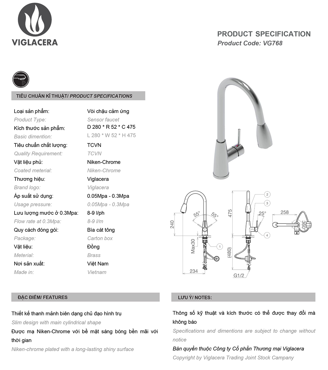 Thông số vòi rửa chén nóng lạnh Viglacera VG768 Bản vẽ thông số kỹ thuật vòi chậu rửa chén bát nóng lạnh Viglacera VG768, loại vòi rửa gắn trên mặt chậu rửa chén bát