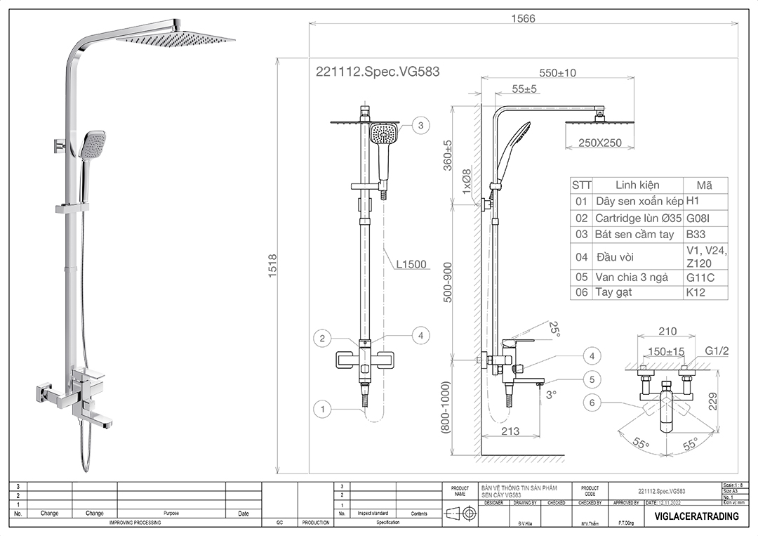 Thông số vòi sen cây tắm đứng nóng lạnh Viglac Bản vẽ thông số kỹ thuật vòi sen cây tắm đứng 2 đường nước nóng lạnh Viglacera VG583 chính hãng 100%, bát sen mưa lớn áp lục mạnh