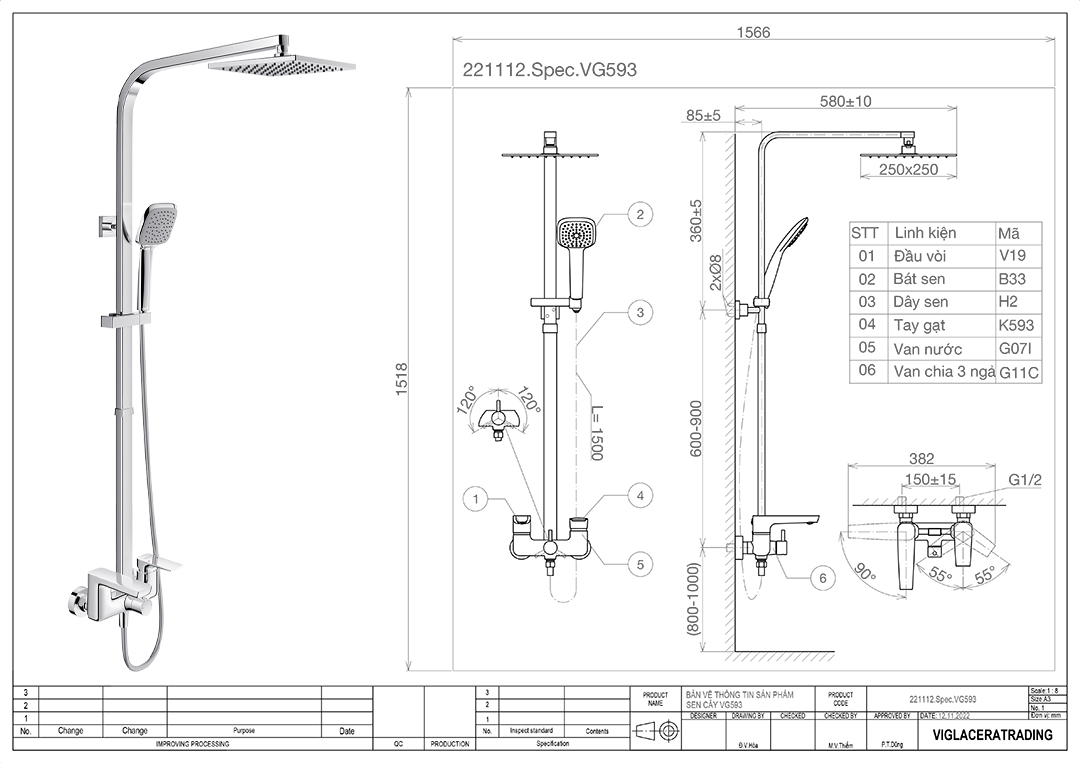Thông số vòi sen cây tắm đứng nóng lạnh Viglac Bản vẽ thông số kỹ thuật vòi sen cây tắm đứng 2 đường nước nóng lạnh Viglacera VG593 chính hãng 100%, bát sen mưa lớn áp lục mạnh