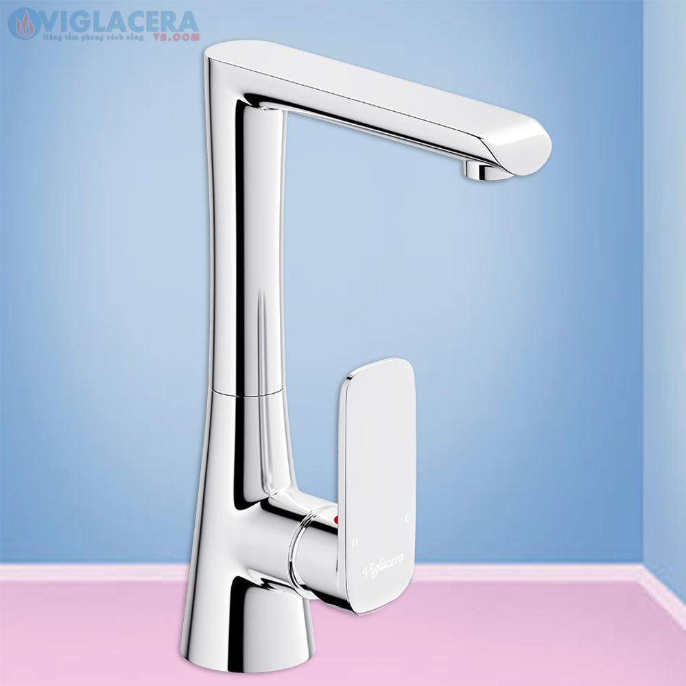 Vòi chậu rửa chén bát nóng lạnh Viglacera VG743 loại vòi chậu rửa gắn tường đầu vòi lò xo cần bẻ đa năng